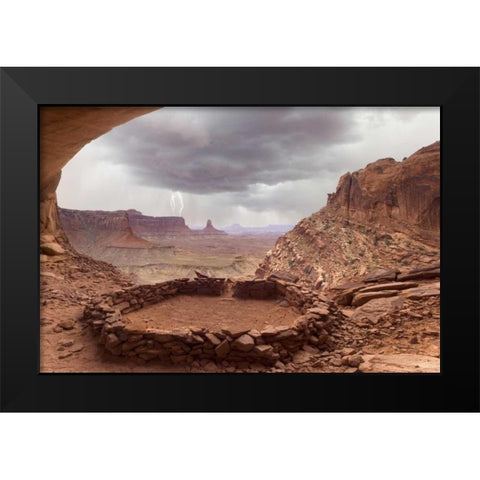 UT, Canyonlands NP Anasazi ruin with lightning Black Modern Wood Framed Art Print by Paulson, Don