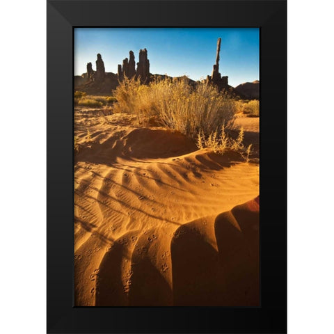 UT, Monument Valley Totem pole and sand dunes Black Modern Wood Framed Art Print by Rotenberg, Nancy
