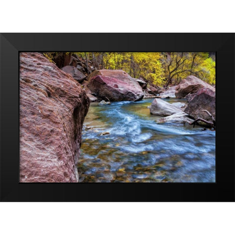 USA, Utah, Zion NP Stream in autumn landscape Black Modern Wood Framed Art Print by OBrien, Jay