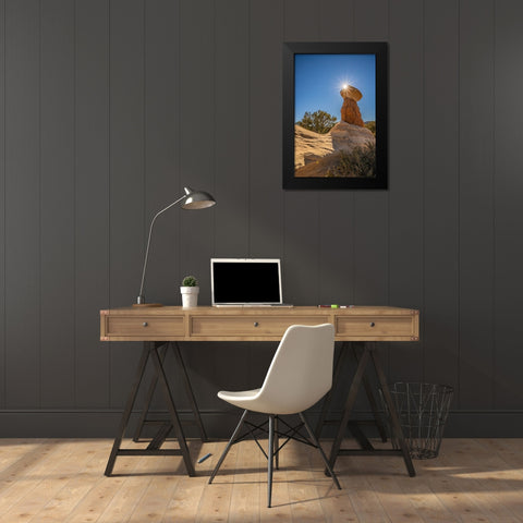 USA- Utah- Devils Garden Outstanding Natural Area. Sun starburst on hoodoo rock formations. Black Modern Wood Framed Art Print by Jaynes Gallery