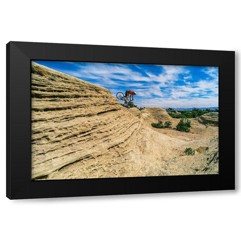 Mountain biker balances courage and danger and attempting to avoid crash on Red Rock-Utah-USA (MR) Black Modern Wood Framed Art Print with Double Matting by Garber, Howie