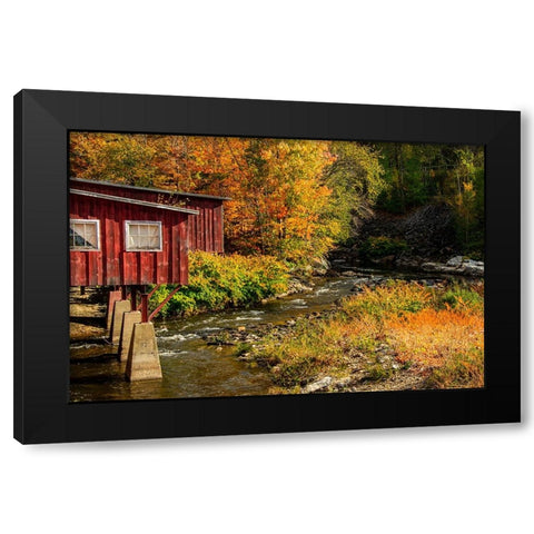 USA-Vermont-Stowe-red mill on Little River as it flows south of Stowe to Winooski River-fall foliage Black Modern Wood Framed Art Print with Double Matting by Jones, Allison