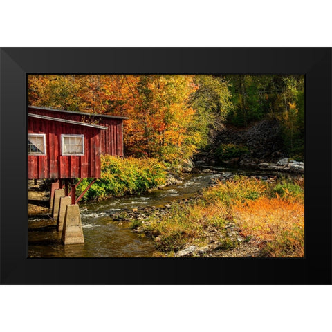 USA-Vermont-Stowe-red mill on Little River as it flows south of Stowe to Winooski River-fall foliage Black Modern Wood Framed Art Print by Jones, Allison