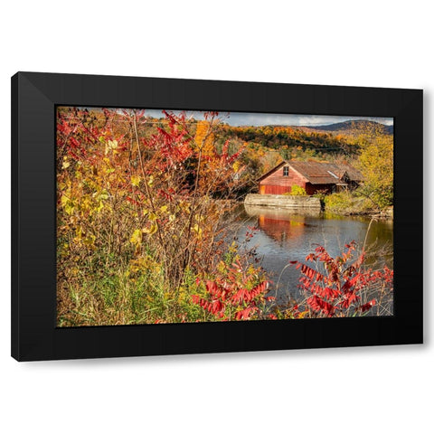 USA-Vermont-Moscow-mill on Little River pond there-fall foliage Black Modern Wood Framed Art Print by Jones, Allison