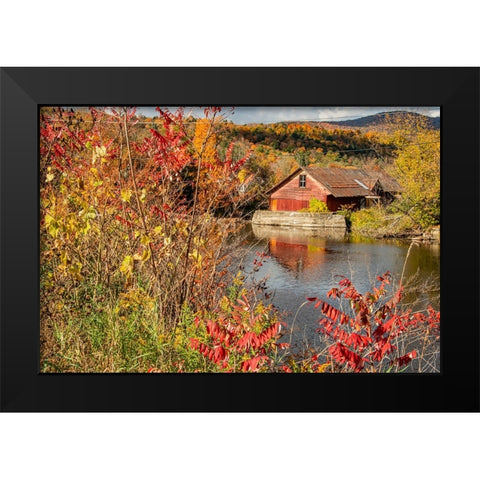 USA-Vermont-Moscow-mill on Little River pond there-fall foliage Black Modern Wood Framed Art Print by Jones, Allison