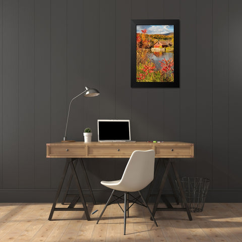 USA-Vermont-Moscow-mill on Little River pond there-fall foliage Black Modern Wood Framed Art Print by Jones, Allison