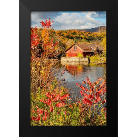 USA-Vermont-Moscow-mill on Little River pond there-fall foliage Black Modern Wood Framed Art Print by Jones, Allison