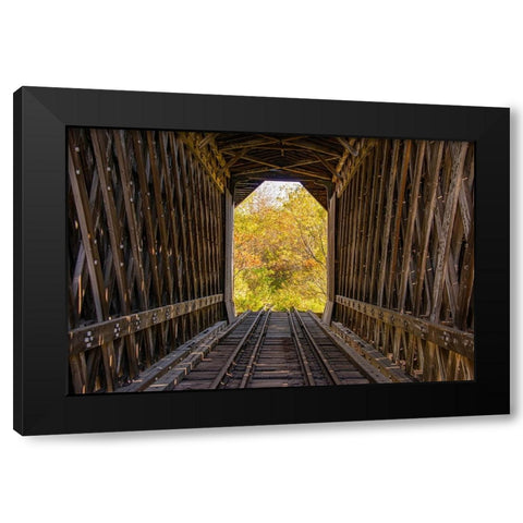 USA-Vermont-Fall foliage seen off Rt 15-Wolcott-Fisher Covered Railroad Bridge (1908) Black Modern Wood Framed Art Print with Double Matting by Jones, Allison