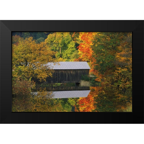 Vermont Covered bridge and autumn reflections Black Modern Wood Framed Art Print by Rotenberg, Nancy