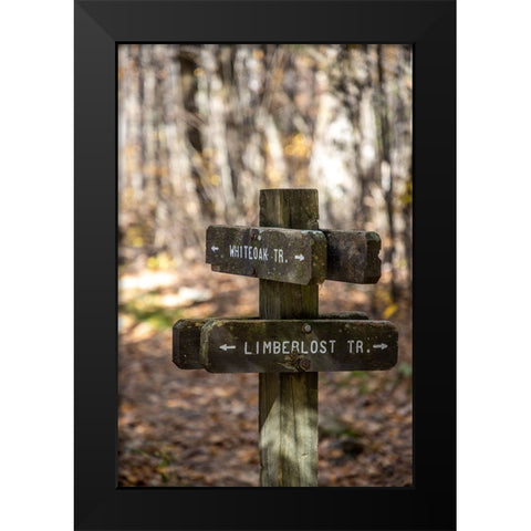 USA-Virginia-Shenandoah National Park-Wooden trail marker for the White Oak Trail and Limberlost Tr Black Modern Wood Framed Art Print by Looney, Hollice
