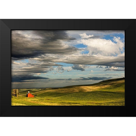 Red barn in valley of rolling farm fields-Palouse agricultural region of western Idaho Black Modern Wood Framed Art Print by Jones, Adam