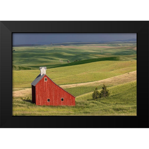 Red barn in valley of rolling farm fields-Palouse agricultural region of western Idaho Black Modern Wood Framed Art Print by Jones, Adam