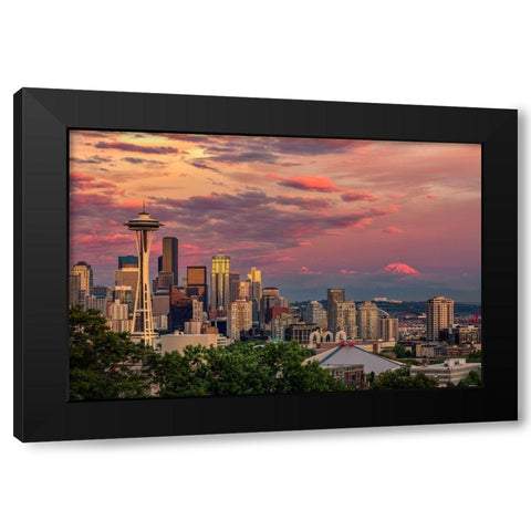 Seattle-Washington State skyline and distant Mt Rainier Black Modern Wood Framed Art Print by Jones, Adam