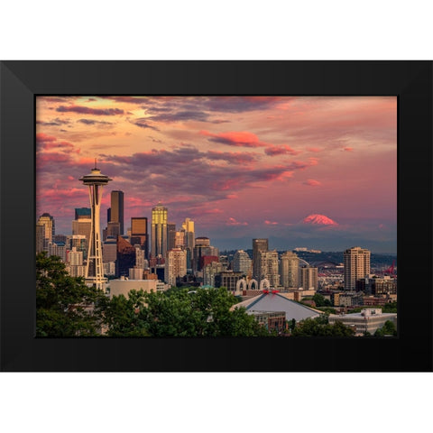 Seattle-Washington State skyline and distant Mt Rainier Black Modern Wood Framed Art Print by Jones, Adam