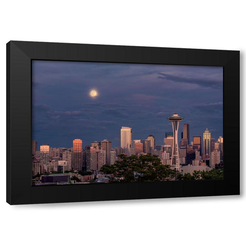 Seattle skyline and super moon at dusk-Seattle-Washington State Black Modern Wood Framed Art Print by Jones, Adam
