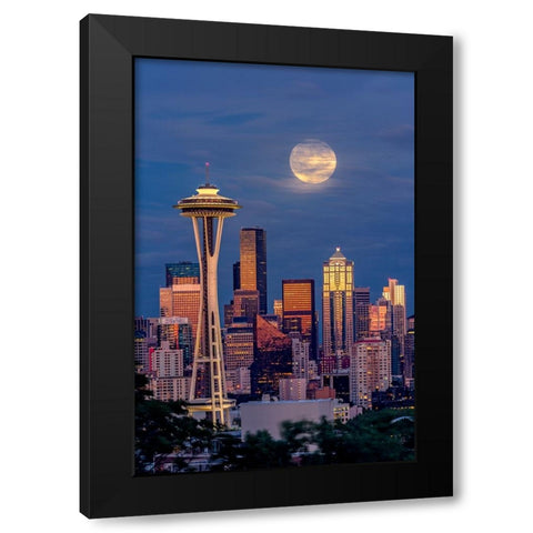 Seattle skyline and super moon at dusk-Seattle-Washington State Black Modern Wood Framed Art Print by Jones, Adam