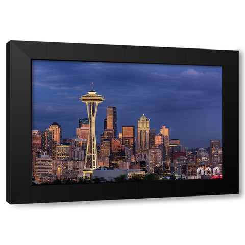 Seattle skyline at dusk-Seattle-Washington State Black Modern Wood Framed Art Print with Double Matting by Jones, Adam