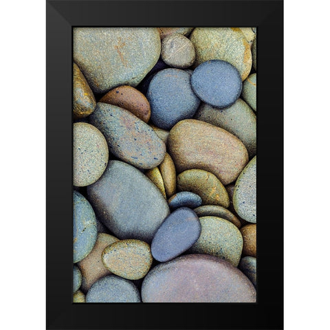 Pattern of smooth rounded stones on beach-Olympic National Park-Washington State Black Modern Wood Framed Art Print by Jones, Adam