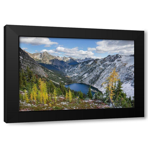 Lake Ann and golden larches after autumn snowfall North Cascades-Washington State Black Modern Wood Framed Art Print by Majchrowicz, Alan