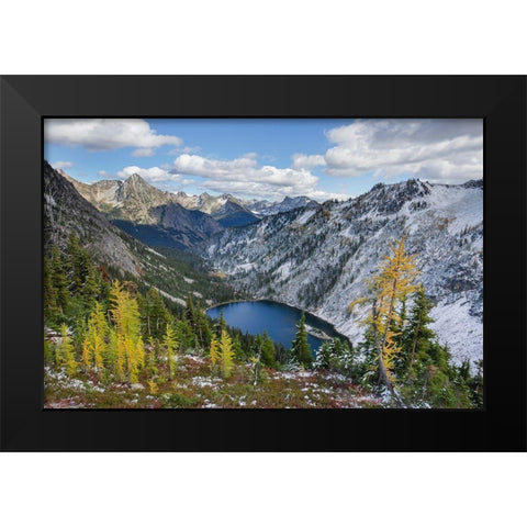 Lake Ann and golden larches after autumn snowfall North Cascades-Washington State Black Modern Wood Framed Art Print by Majchrowicz, Alan