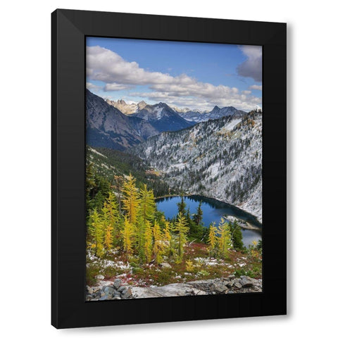 Lake Ann and golden larches after autumn snowfall North Cascades-Washington State Black Modern Wood Framed Art Print by Majchrowicz, Alan