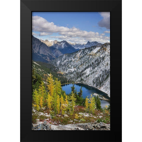 Lake Ann and golden larches after autumn snowfall North Cascades-Washington State Black Modern Wood Framed Art Print by Majchrowicz, Alan