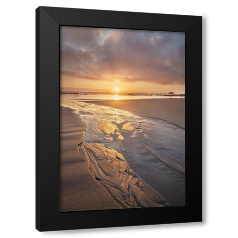 Stream flowing into the Pacific Ocean at sunset-Kalaloch Beach Olympic National Park Black Modern Wood Framed Art Print with Double Matting by Majchrowicz, Alan