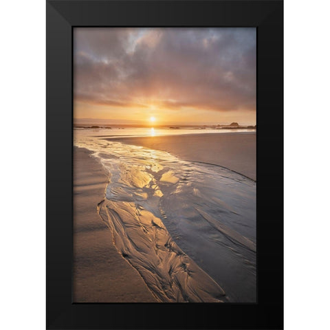 Stream flowing into the Pacific Ocean at sunset-Kalaloch Beach Olympic National Park Black Modern Wood Framed Art Print by Majchrowicz, Alan