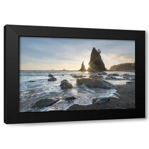 Setting sun behind Split Rock on Rialto Beach-Olympic National Park Black Modern Wood Framed Art Print with Double Matting by Majchrowicz, Alan