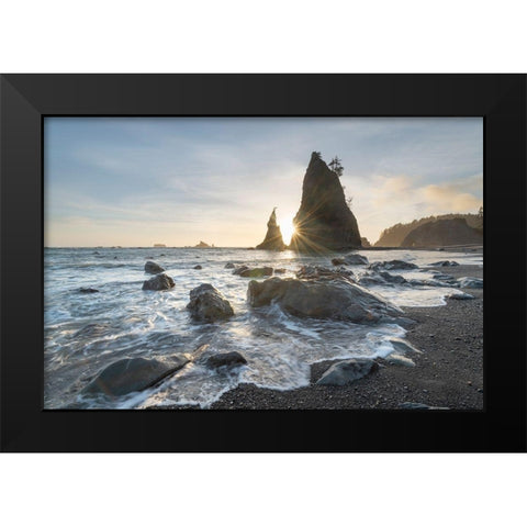 Setting sun behind Split Rock on Rialto Beach-Olympic National Park Black Modern Wood Framed Art Print by Majchrowicz, Alan