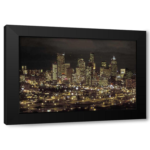 Washington, Seattle Night skyline of downtown Black Modern Wood Framed Art Print by Grall, Don