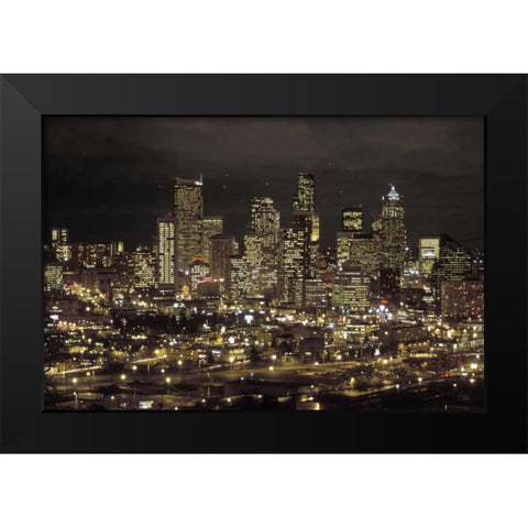 Washington, Seattle Night skyline of downtown Black Modern Wood Framed Art Print by Grall, Don
