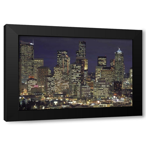 Washington, Seattle Night skyline of downtown Black Modern Wood Framed Art Print with Double Matting by Grall, Don