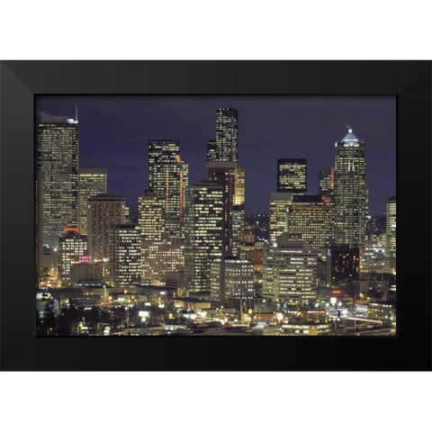 Washington, Seattle Night skyline of downtown Black Modern Wood Framed Art Print by Grall, Don