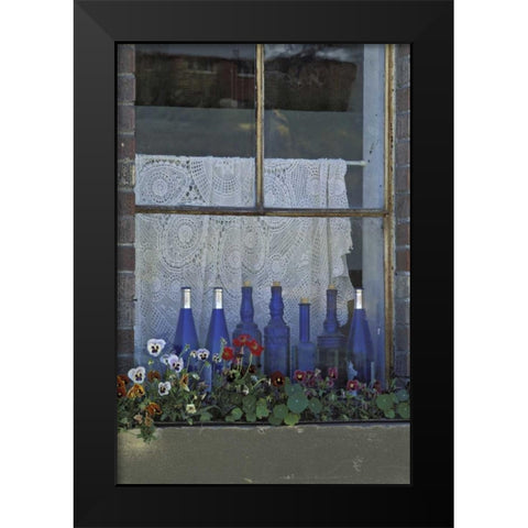 WA, Palouse Row of blue bottles and flowers Black Modern Wood Framed Art Print by Grall, Don