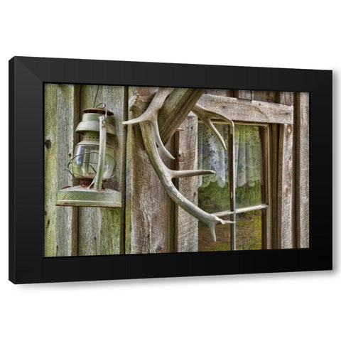 WA, Stehekin Antlers and lantern outside a cabin Black Modern Wood Framed Art Print by Paulson, Don