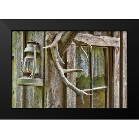 WA, Stehekin Antlers and lantern outside a cabin Black Modern Wood Framed Art Print by Paulson, Don