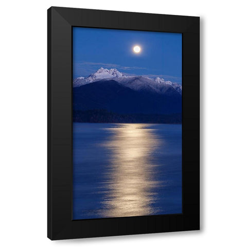 Washington State-Seabeck Moon over Olympic Mountains and Hood Canal at sunrise Black Modern Wood Framed Art Print by Jaynes Gallery