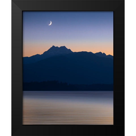 USA-Washington State-Seabeck Crescent moon at sunset over Hood Canal and Olympic Mountains Black Modern Wood Framed Art Print by Jaynes Gallery