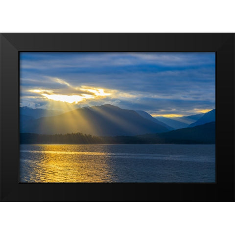 USA-Washington State-Seabeck Sunburst over Hood Canal and Olympic Mountains at sunset Black Modern Wood Framed Art Print by Jaynes Gallery