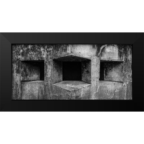 USA-Washington State-Fort Flagler State Park Black and white detail of gun ports in wall Black Modern Wood Framed Art Print by Jaynes Gallery