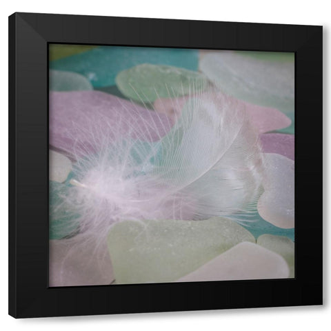 USA- Washington State- Seabeck. Feather and beach glass close-up. Black Modern Wood Framed Art Print by Jaynes Gallery