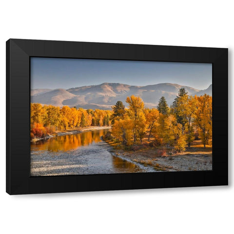 USA- Washington State- Methow Valley and river edged in Fall colored trees. Black Modern Wood Framed Art Print with Double Matting by Gulin, Darrell