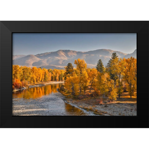 USA- Washington State- Methow Valley and river edged in Fall colored trees. Black Modern Wood Framed Art Print by Gulin, Darrell