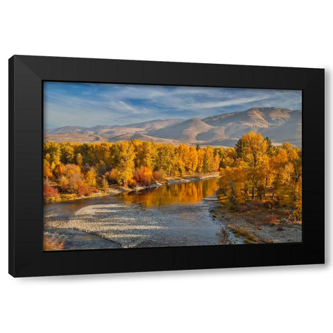 USA- Washington State- Methow Valley and river edged in Fall colored trees. Black Modern Wood Framed Art Print with Double Matting by Gulin, Darrell