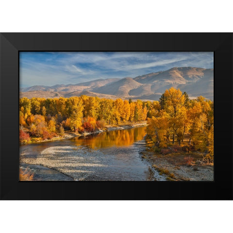 USA- Washington State- Methow Valley and river edged in Fall colored trees. Black Modern Wood Framed Art Print by Gulin, Darrell