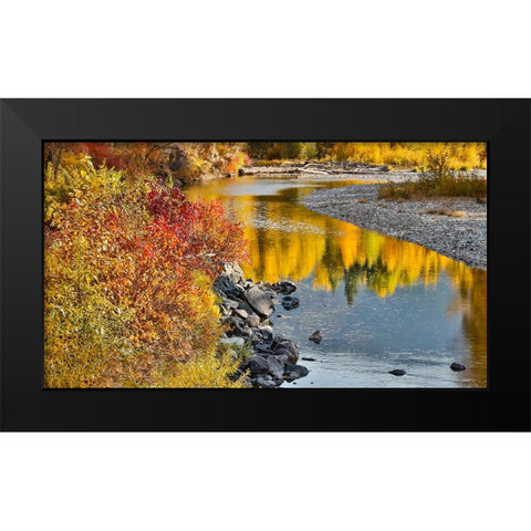 USA- Washington State- Methow Valley and river edged in Fall colored trees. Black Modern Wood Framed Art Print by Gulin, Darrell