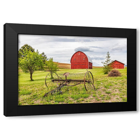 Albion-Washington State-USA-Red barns and antique farm equipment in the Palouse hills Black Modern Wood Framed Art Print with Double Matting by Wilson, Emily M.