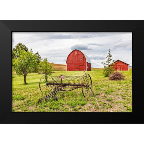 Albion-Washington State-USA-Red barns and antique farm equipment in the Palouse hills Black Modern Wood Framed Art Print by Wilson, Emily M.