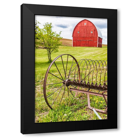 Albion-Washington State-USA-Red barns and antique farm equipment in the Palouse hills Black Modern Wood Framed Art Print with Double Matting by Wilson, Emily M.